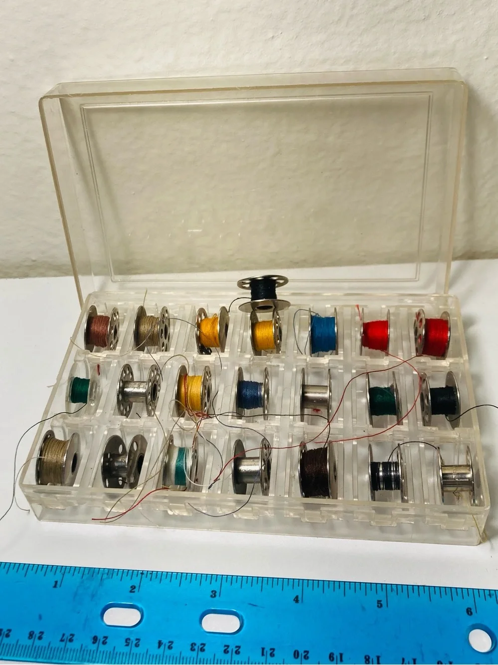 22 Vintage Metal Assorted Sewing Bobbins with Clear Storage Case